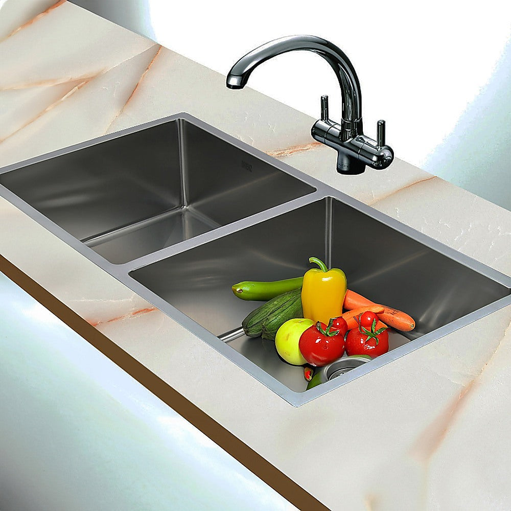 865x440mm Handmade Stainless Steel Undermount / Topmount Kitchen Sink with Waste - TRENDZ