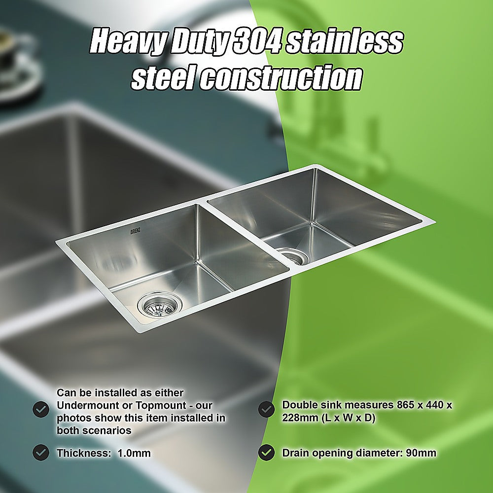 865x440mm Handmade Stainless Steel Undermount / Topmount Kitchen Sink with Waste - TRENDZ