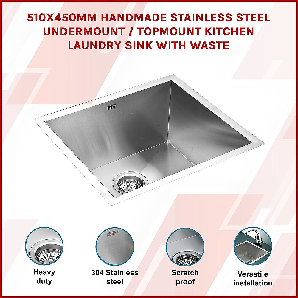 510x450mm Handmade Stainless Steel Undermount / Topmount Kitchen Laundry Sink with Waste - TRENDZ