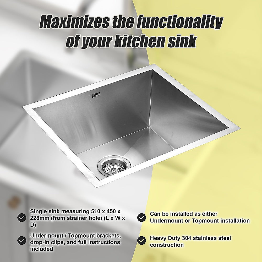 510x450mm Handmade Stainless Steel Undermount / Topmount Kitchen Laundry Sink with Waste - TRENDZ