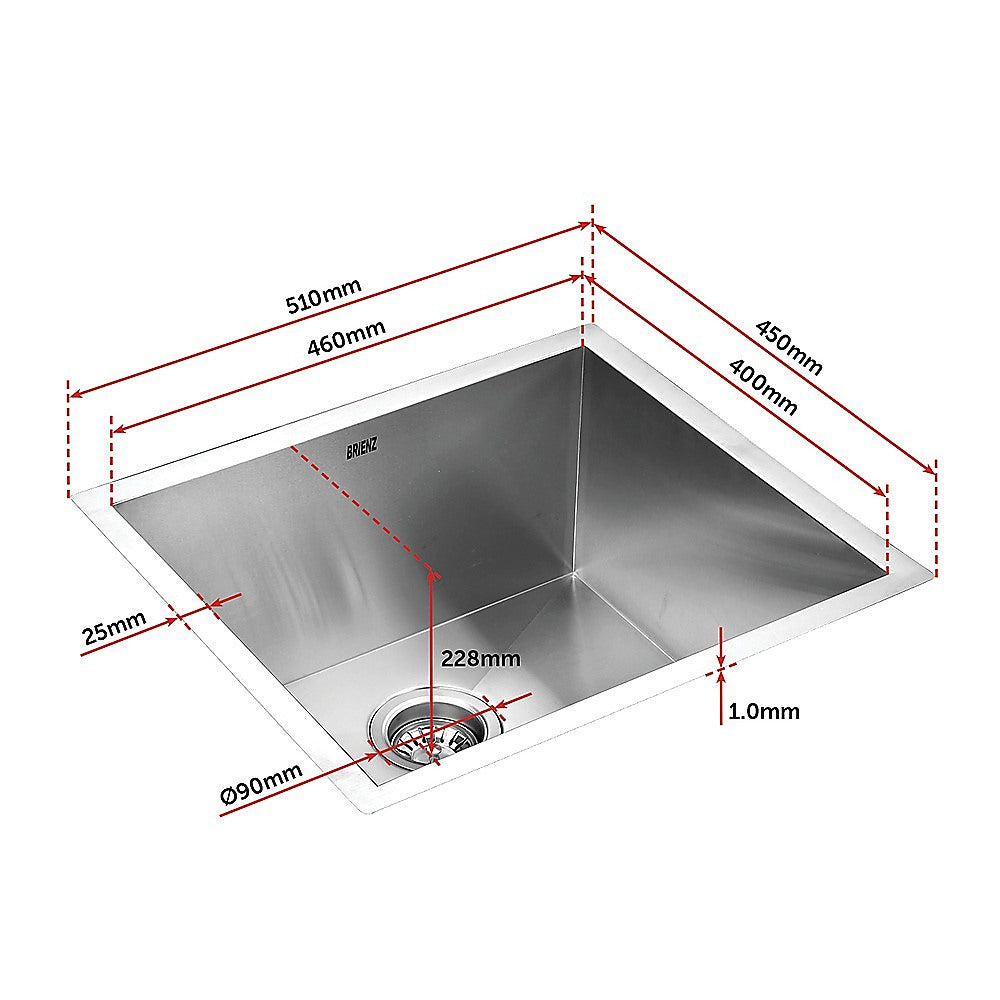 510x450mm Handmade Stainless Steel Undermount / Topmount Kitchen Laundry Sink with Waste - TRENDZ