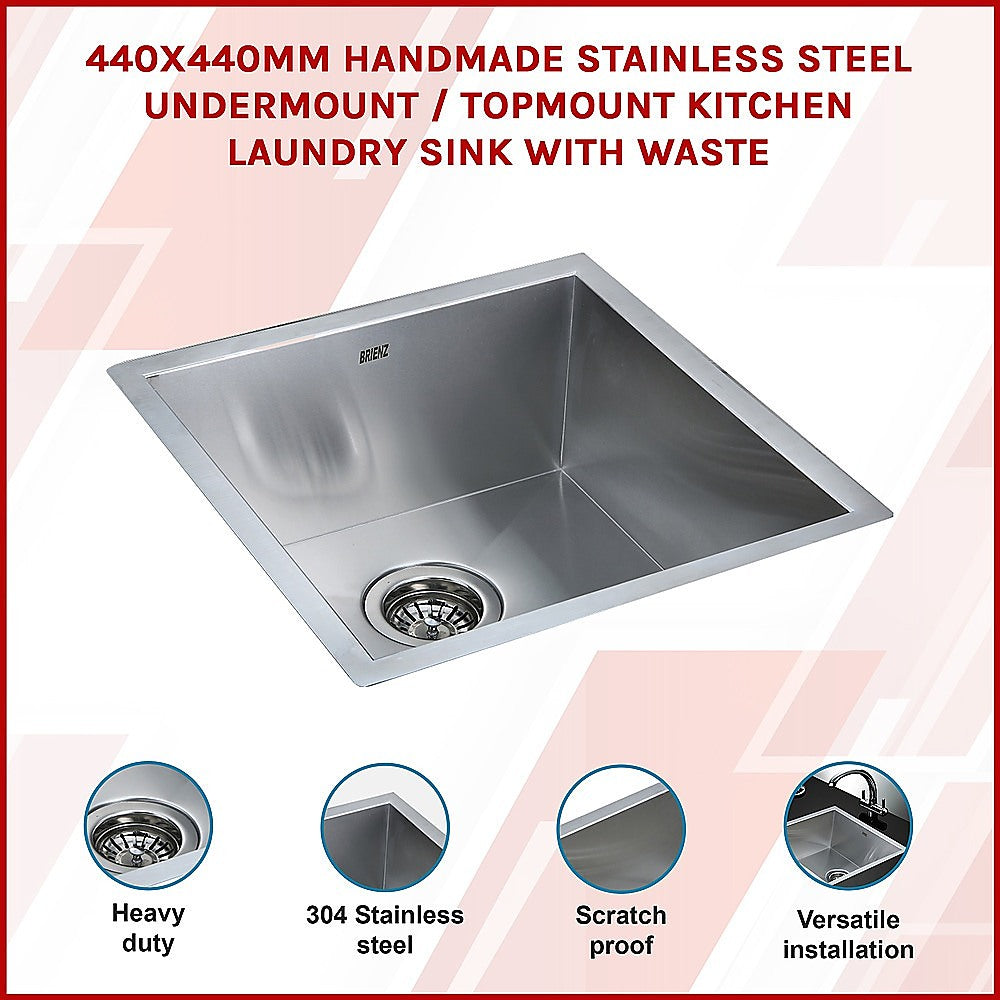 440x440mm Handmade Stainless Steel Undermount / Topmount Kitchen Laundry Sink with Waste - TRENDZ