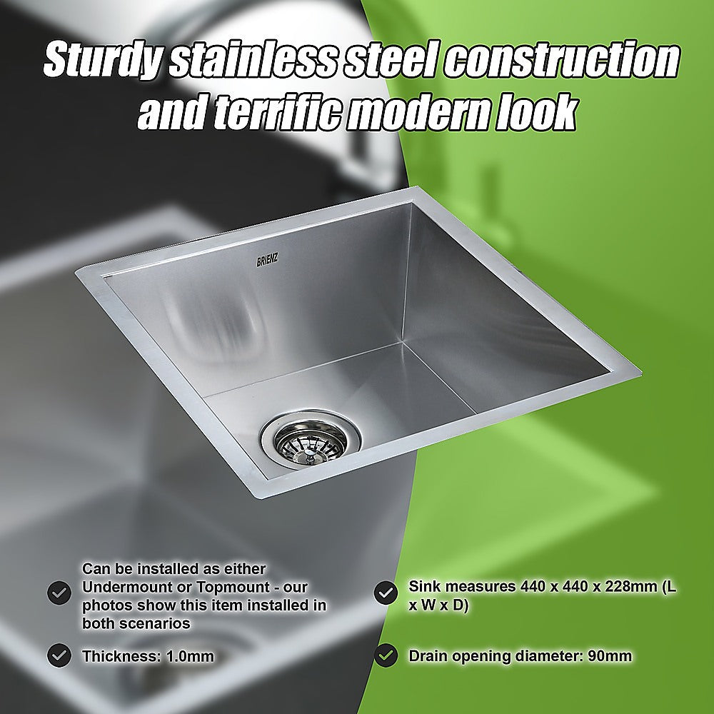 440x440mm Handmade Stainless Steel Undermount / Topmount Kitchen Laundry Sink with Waste - TRENDZ