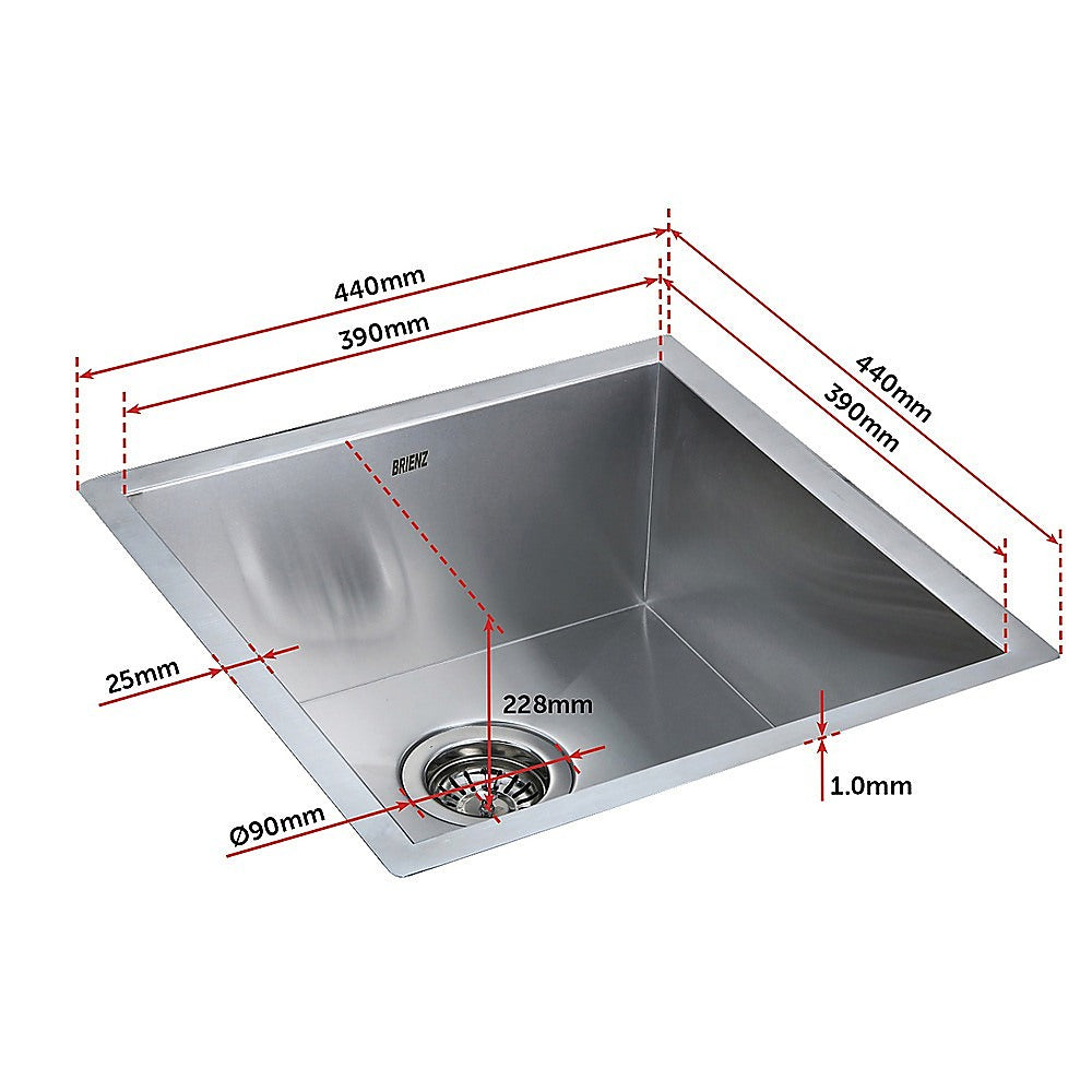440x440mm Handmade Stainless Steel Undermount / Topmount Kitchen Laundry Sink with Waste - TRENDZ
