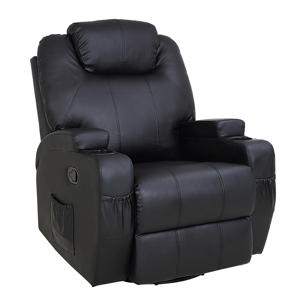 Black Massage Sofa Chair Recliner 360 Degree Swivel PU Leather Lounge 8 Point Heated - TRENDZ