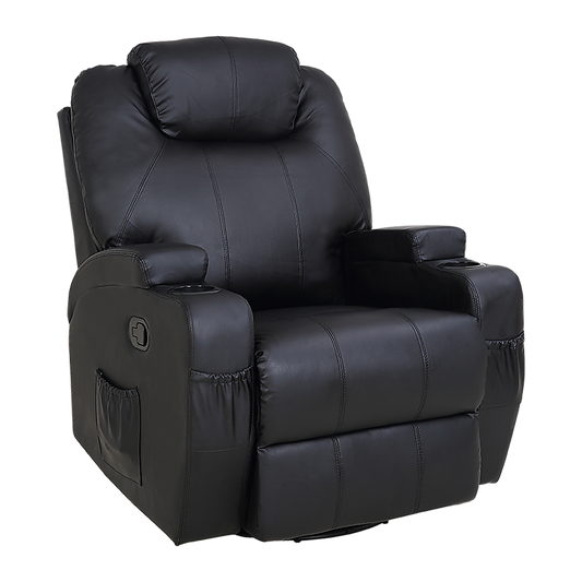 Black Massage Sofa Chair Recliner 360 Degree Swivel PU Leather Lounge 8 Point Heated - TRENDZ