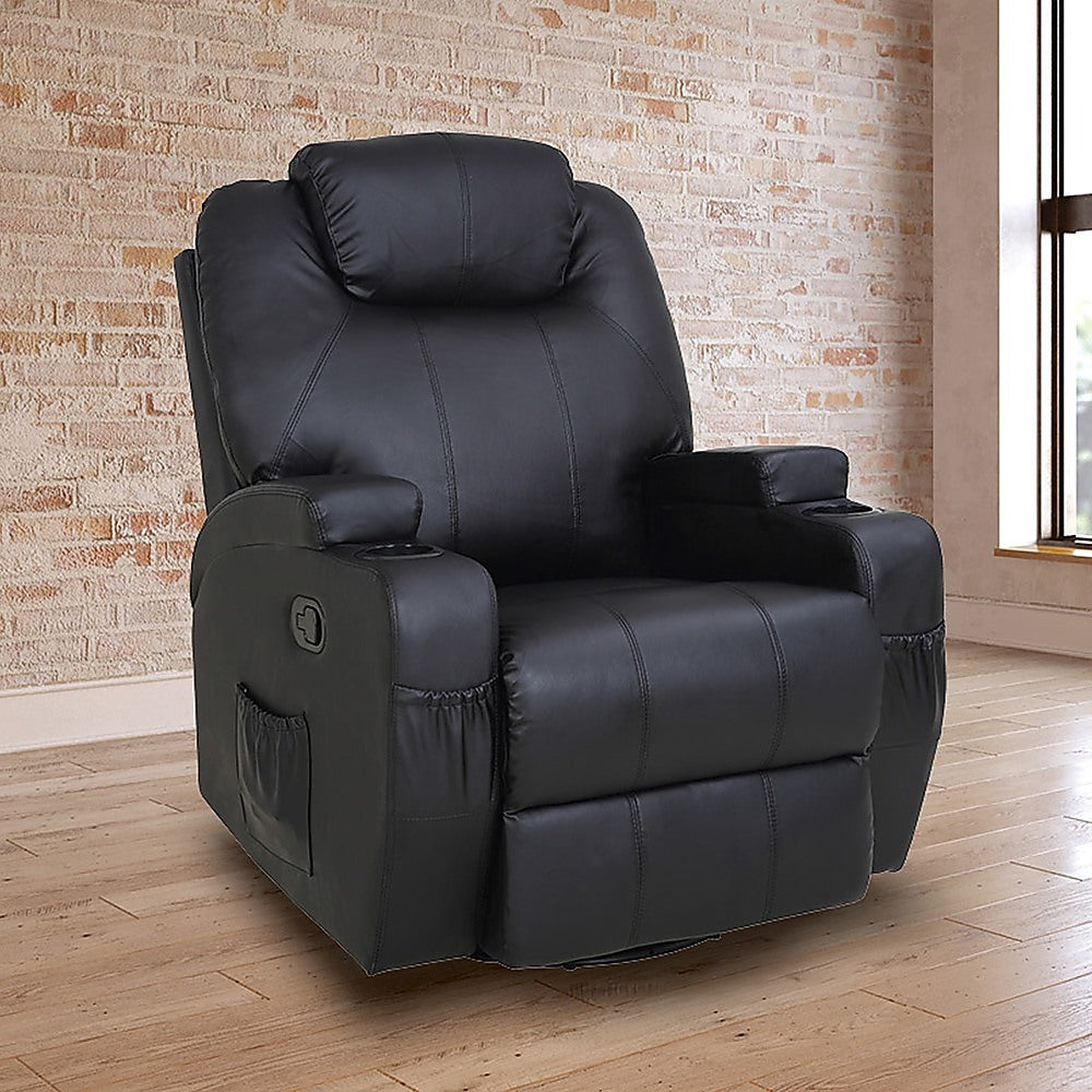 Black Massage Sofa Chair Recliner 360 Degree Swivel PU Leather Lounge 8 Point Heated - TRENDZ