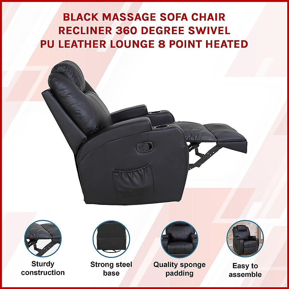 Black Massage Sofa Chair Recliner 360 Degree Swivel PU Leather Lounge 8 Point Heated - TRENDZ