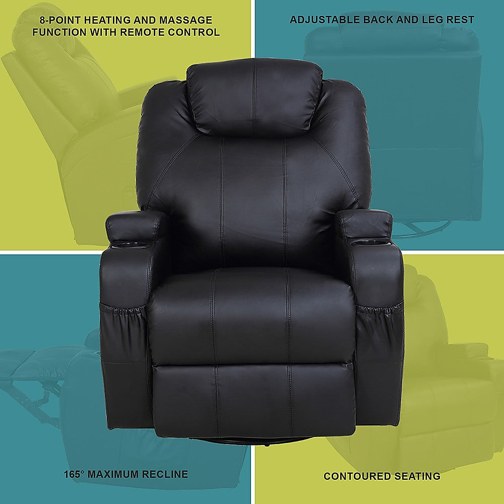 Black Massage Sofa Chair Recliner 360 Degree Swivel PU Leather Lounge 8 Point Heated - TRENDZ
