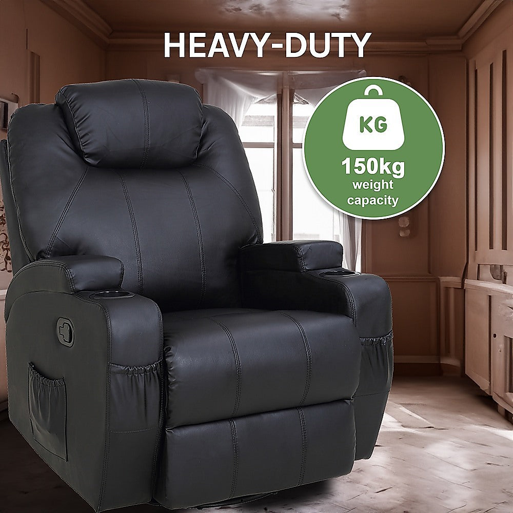 Black Massage Sofa Chair Recliner 360 Degree Swivel PU Leather Lounge 8 Point Heated - TRENDZ