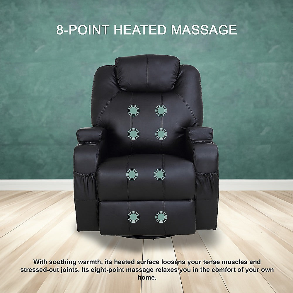 Black Massage Sofa Chair Recliner 360 Degree Swivel PU Leather Lounge 8 Point Heated - TRENDZ