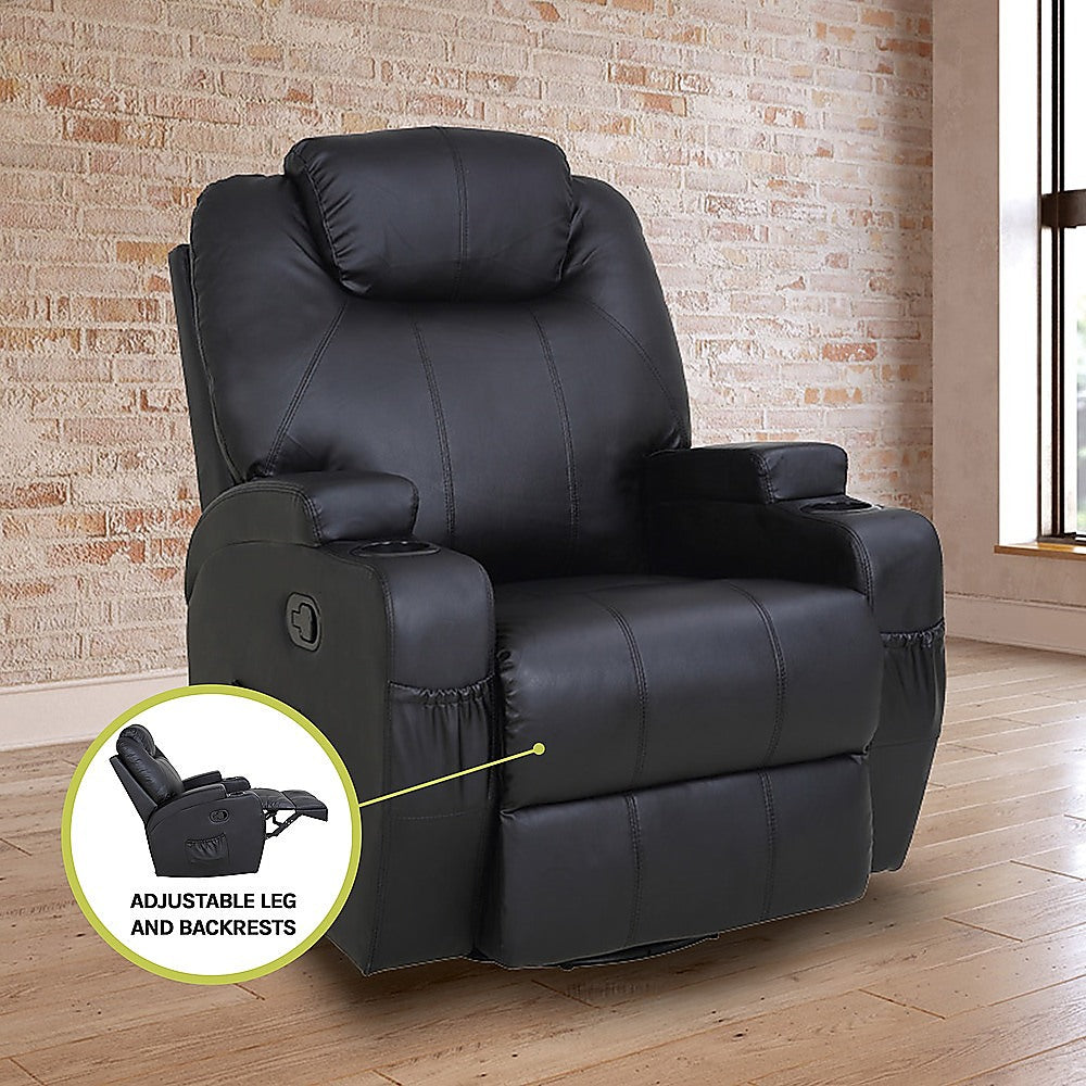 Black Massage Sofa Chair Recliner 360 Degree Swivel PU Leather Lounge 8 Point Heated - TRENDZ