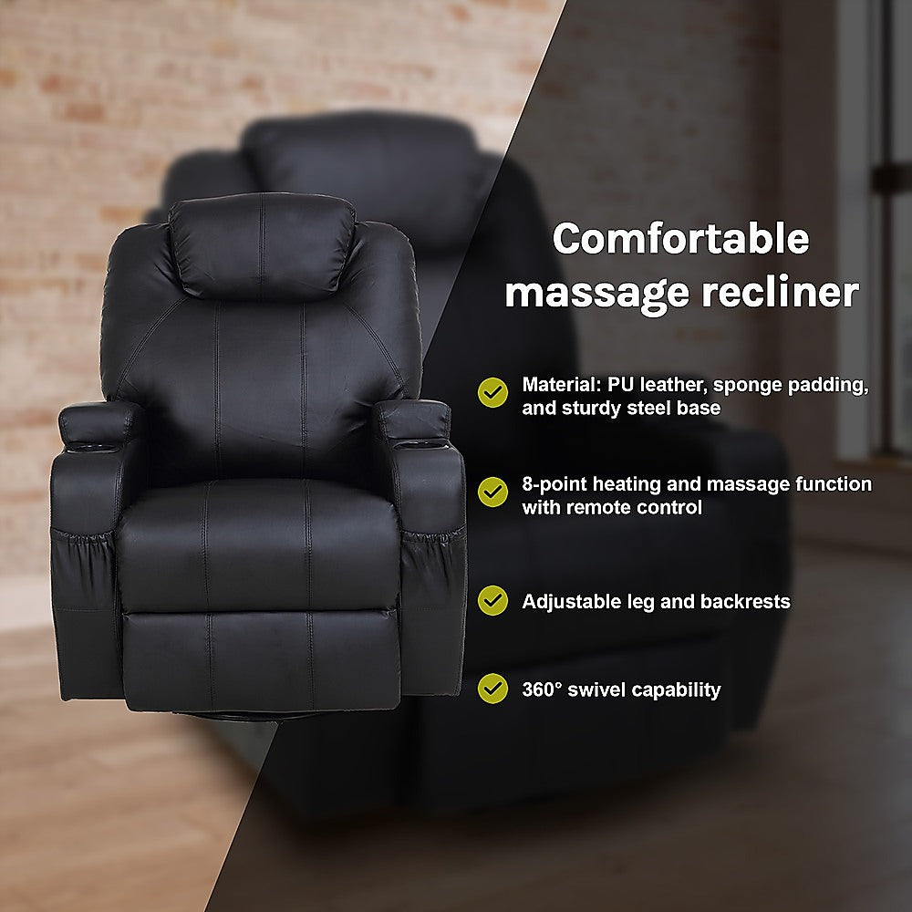 Black Massage Sofa Chair Recliner 360 Degree Swivel PU Leather Lounge 8 Point Heated - TRENDZ