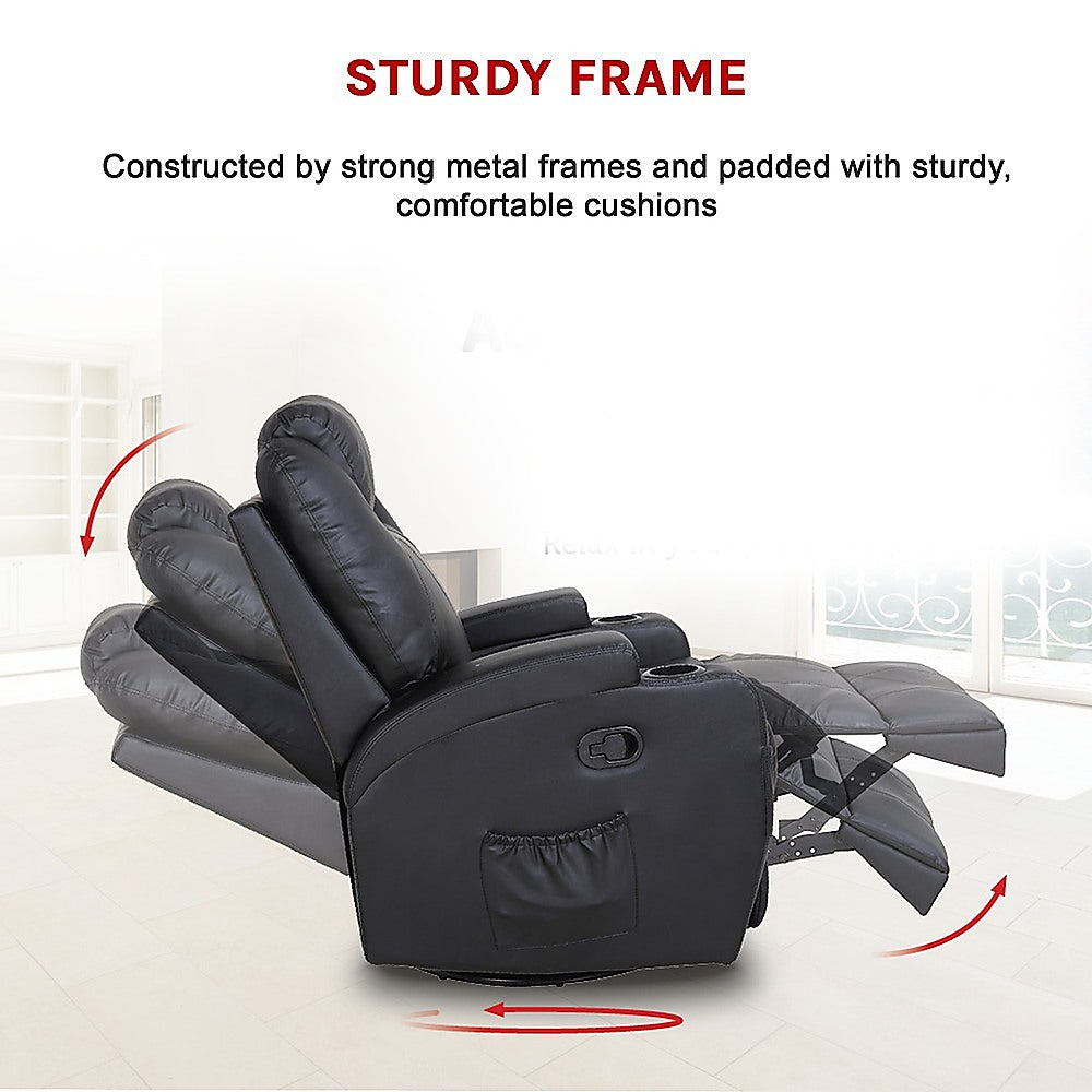 Black Massage Sofa Chair Recliner 360 Degree Swivel PU Leather Lounge 8 Point Heated - TRENDZ