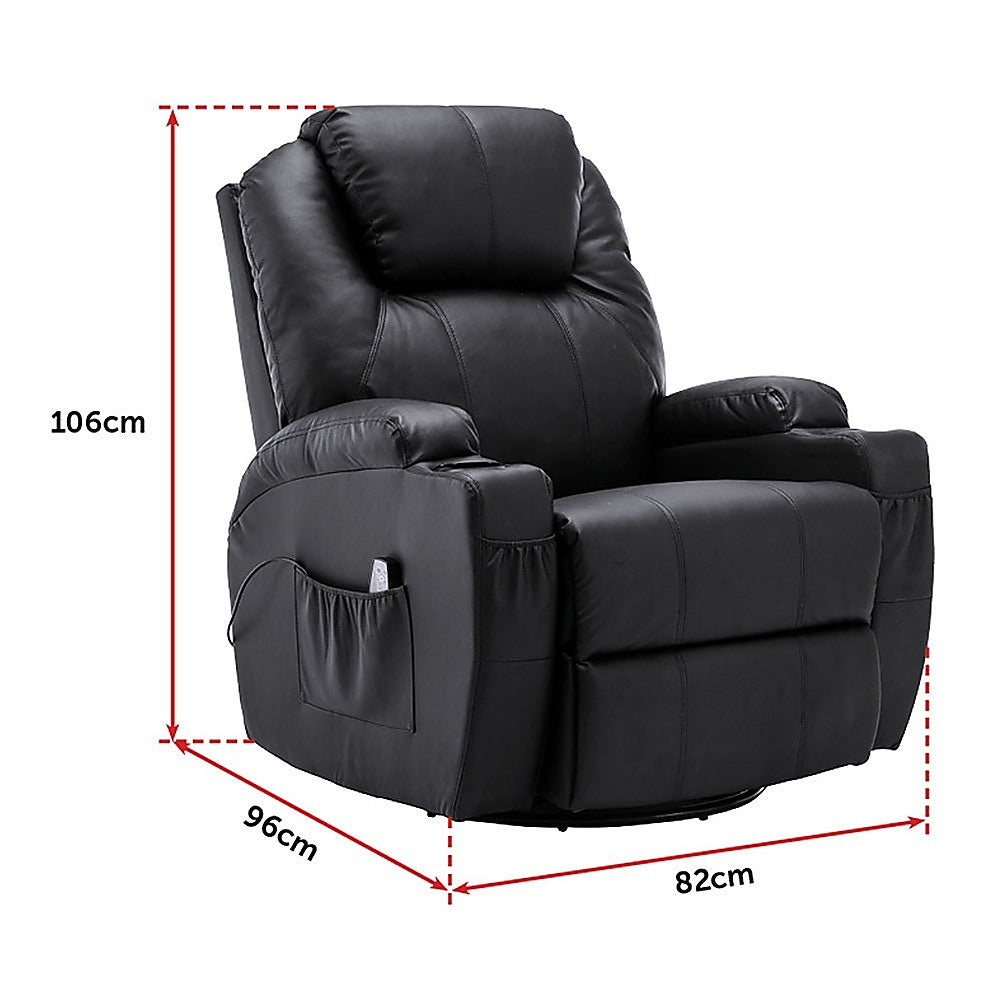 Black Massage Sofa Chair Recliner 360 Degree Swivel PU Leather Lounge 8 Point Heated - TRENDZ