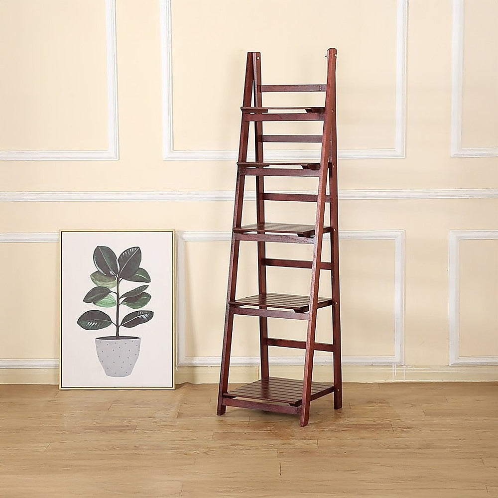 5 Tier Wooden Ladder Shelf Stand Storage Book Shelves Shelving Display Rack - TRENDZ