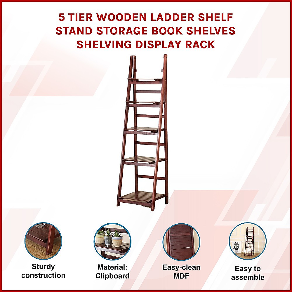 5 Tier Wooden Ladder Shelf Stand Storage Book Shelves Shelving Display Rack - TRENDZ