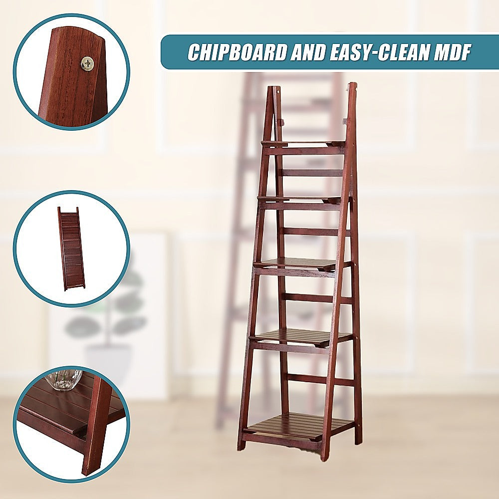 5 Tier Wooden Ladder Shelf Stand Storage Book Shelves Shelving Display Rack - TRENDZ