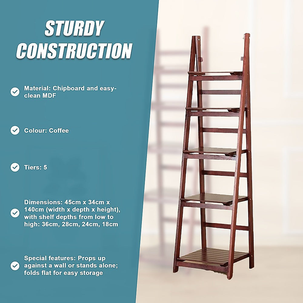5 Tier Wooden Ladder Shelf Stand Storage Book Shelves Shelving Display Rack - TRENDZ