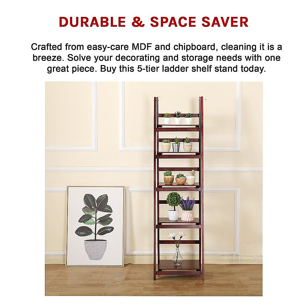5 Tier Wooden Ladder Shelf Stand Storage Book Shelves Shelving Display Rack - TRENDZ
