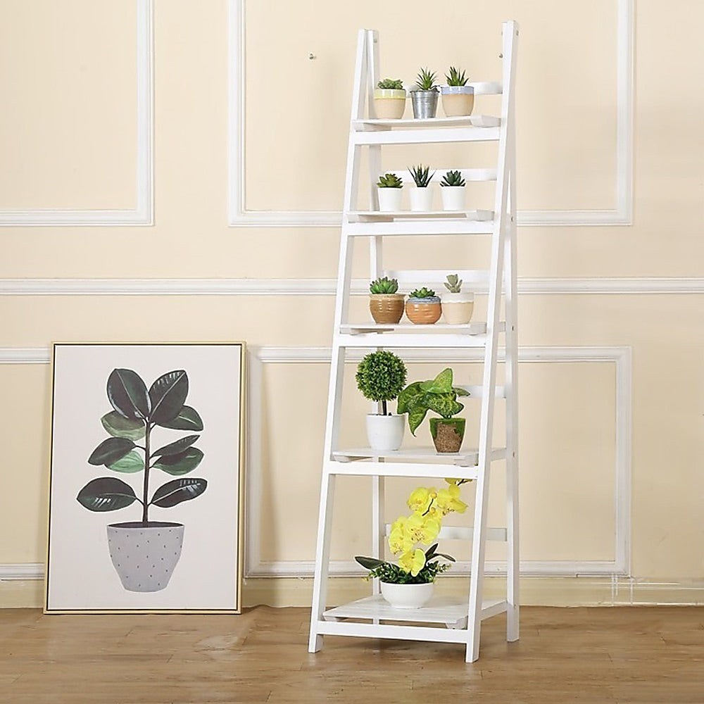 5 Tier Wooden Ladder Shelf Stand Storage Book Shelves Shelving Display Rack - TRENDZ