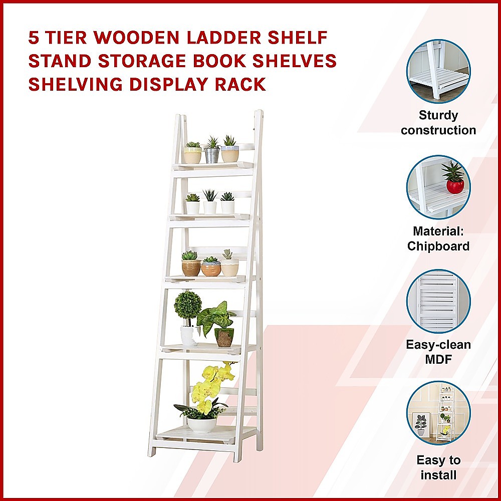 5 Tier Wooden Ladder Shelf Stand Storage Book Shelves Shelving Display Rack - TRENDZ