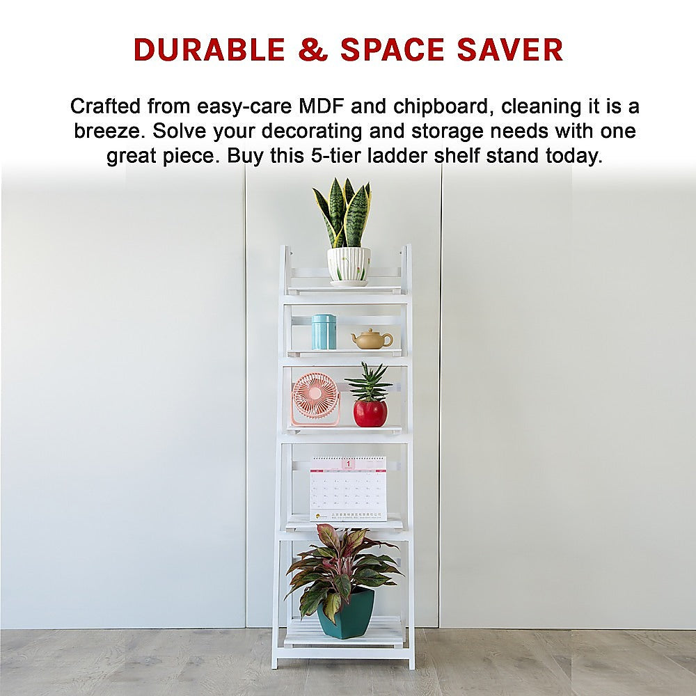 5 Tier Wooden Ladder Shelf Stand Storage Book Shelves Shelving Display Rack - TRENDZ