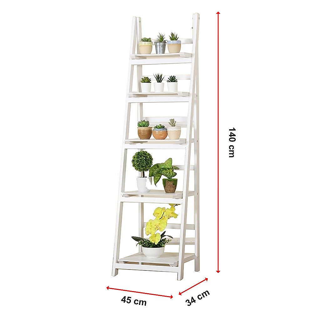 5 Tier Wooden Ladder Shelf Stand Storage Book Shelves Shelving Display Rack - TRENDZ