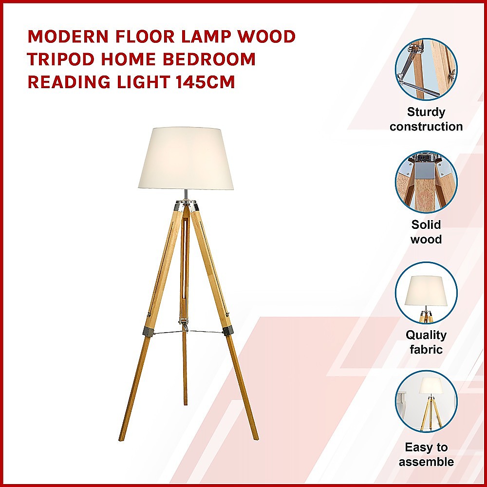 Modern Floor Lamp Wood Tripod Home Bedroom Reading Light 145cm - TRENDZ