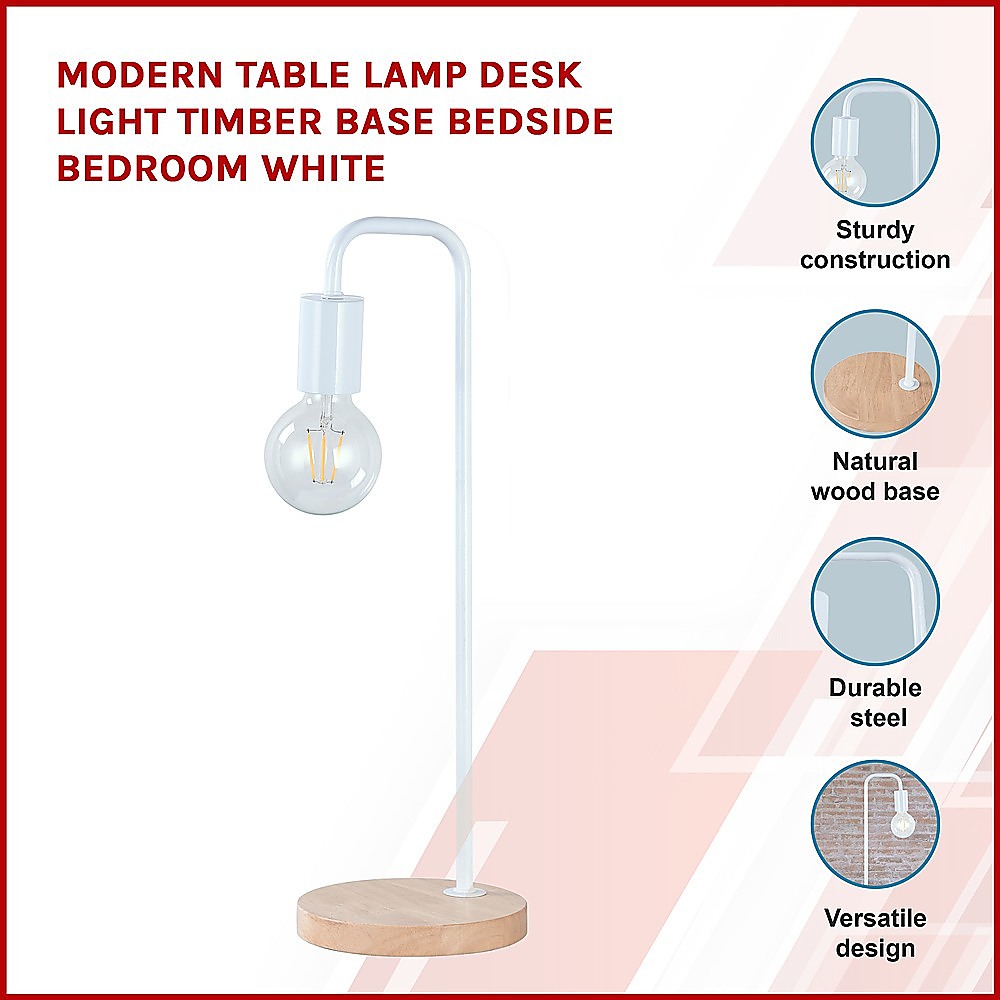 Modern Table lamp Desk Light Timber Base Bedside Bedroom White - TRENDZ