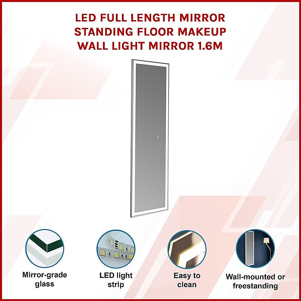 LED Full Length Mirror Standing Floor Makeup Wall Light Mirror 1.6M - TRENDZ