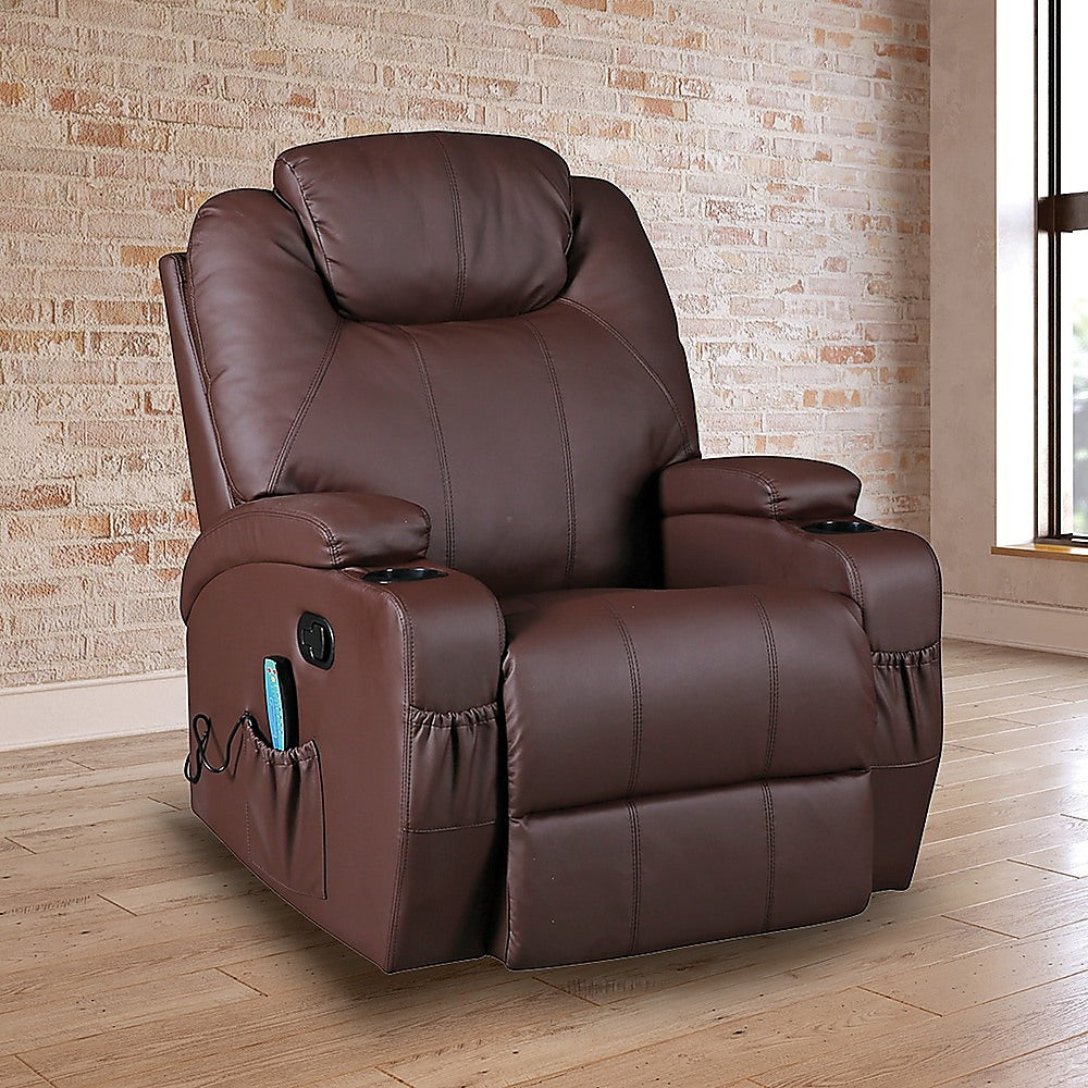 Brown Massage Sofa Chair Recliner 360 Degree Swivel PU Leather Lounge 8 Point Heated - TRENDZ