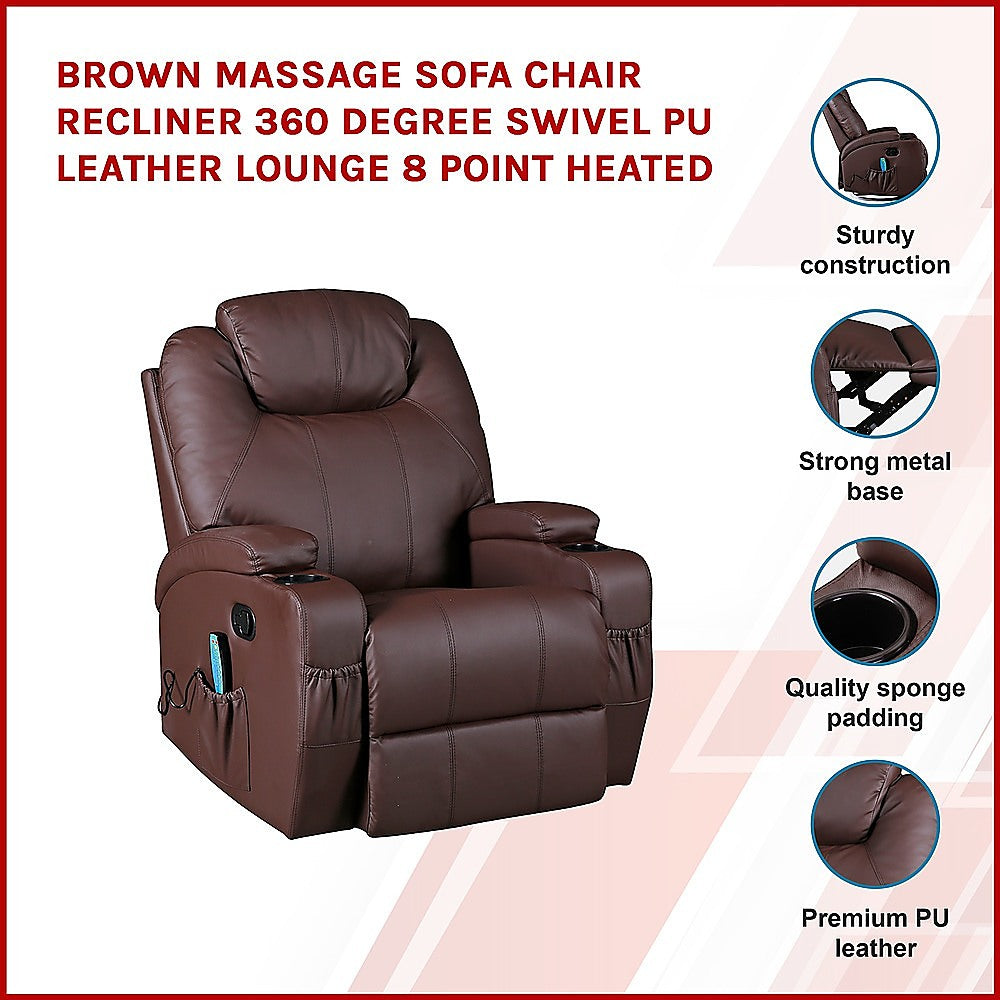 Brown Massage Sofa Chair Recliner 360 Degree Swivel PU Leather Lounge 8 Point Heated - TRENDZ
