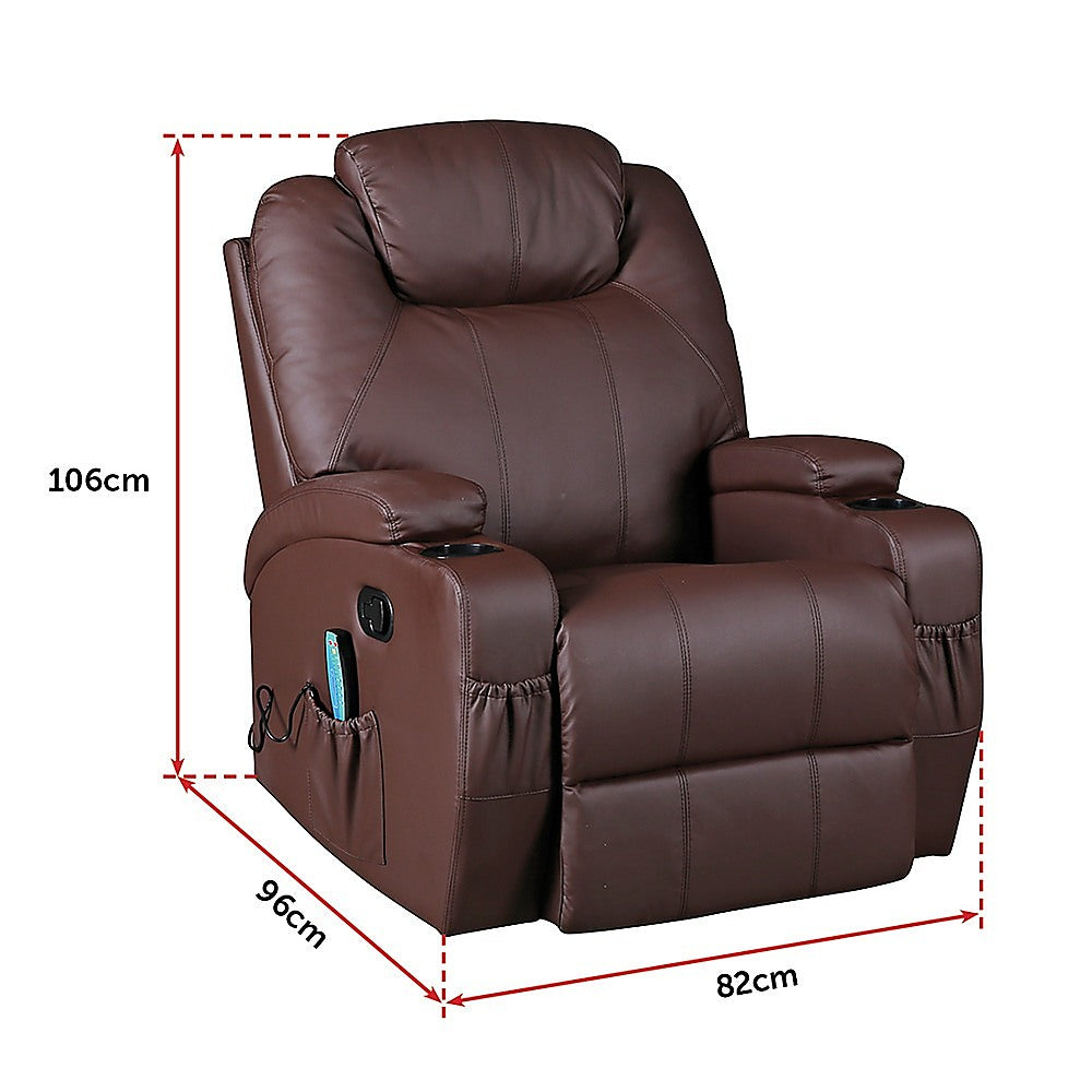 Brown Massage Sofa Chair Recliner 360 Degree Swivel PU Leather Lounge 8 Point Heated - TRENDZ