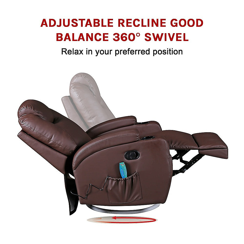 Brown Massage Sofa Chair Recliner 360 Degree Swivel PU Leather Lounge 8 Point Heated - TRENDZ