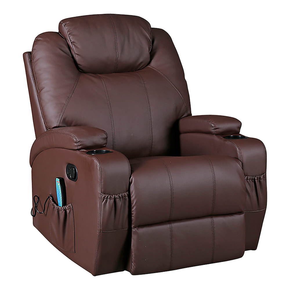 Brown Massage Sofa Chair Recliner 360 Degree Swivel PU Leather Lounge 8 Point Heated - TRENDZ