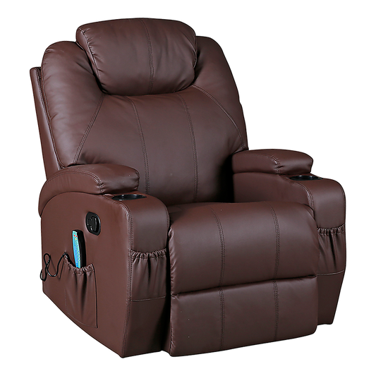 Brown Massage Sofa Chair Recliner 360 Degree Swivel PU Leather Lounge 8 Point Heated - TRENDZ