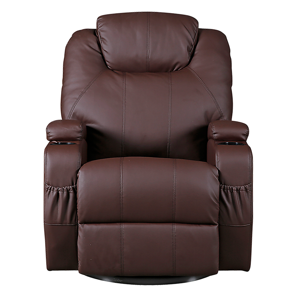 Brown Massage Sofa Chair Recliner 360 Degree Swivel PU Leather Lounge 8 Point Heated - TRENDZ