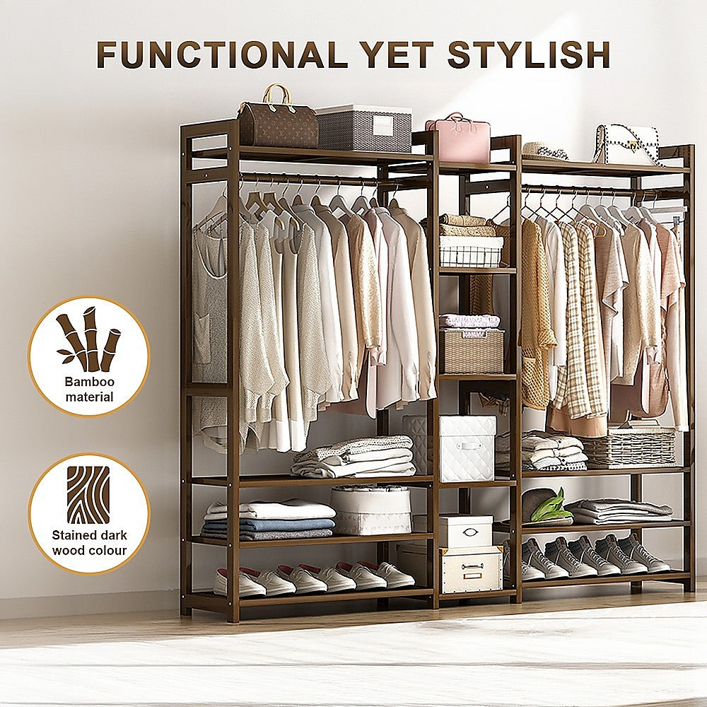 Bamboo Portable Clothes Rack with Shelves – Dark Wood