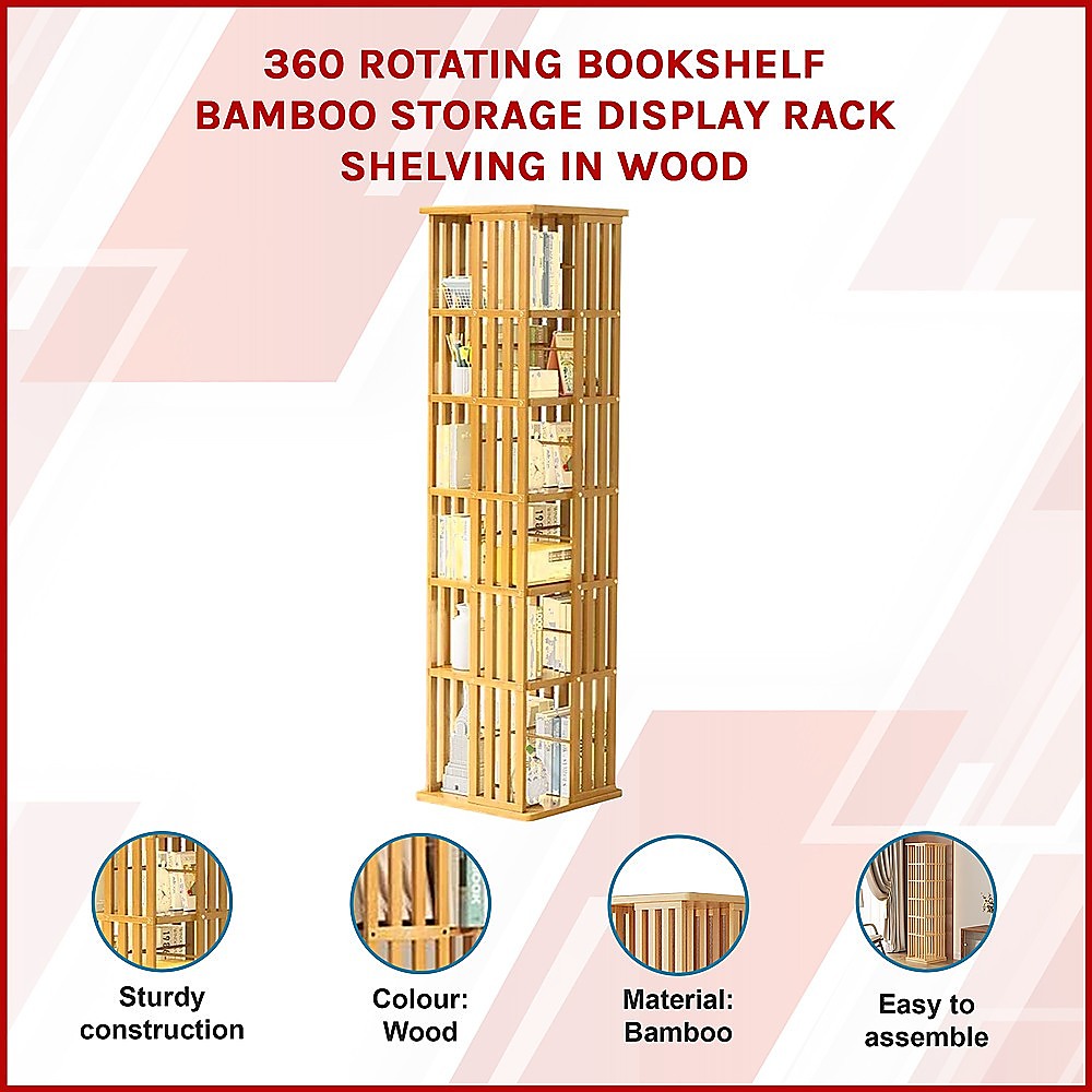 360 Rotating Bookshelf Bamboo Storage Display Rack Shelving in Wood - TRENDZ