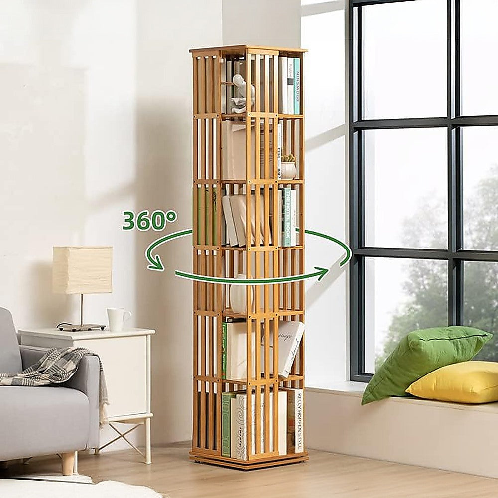 360 Rotating Bookshelf Bamboo Storage Display Rack Shelving in Wood - TRENDZ