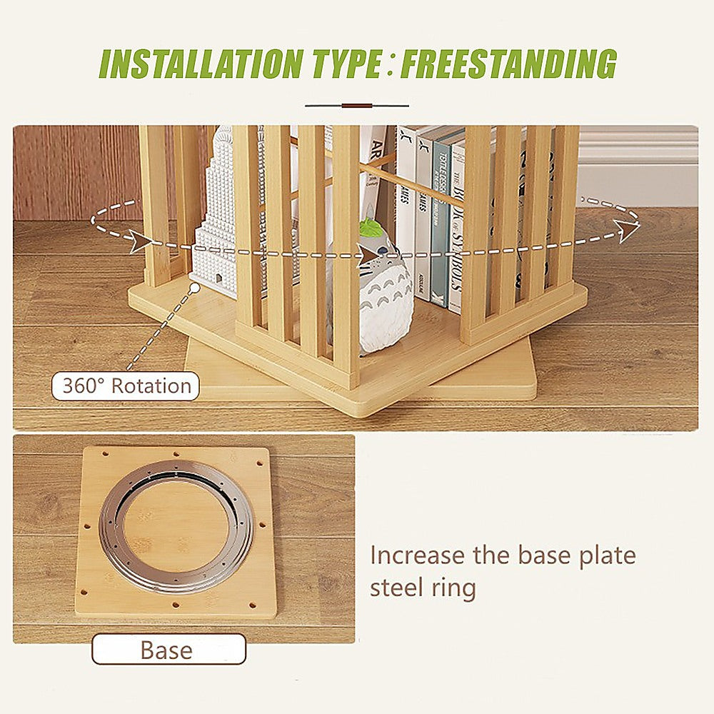 360 Rotating Bookshelf Bamboo Storage Display Rack Shelving in Wood - TRENDZ