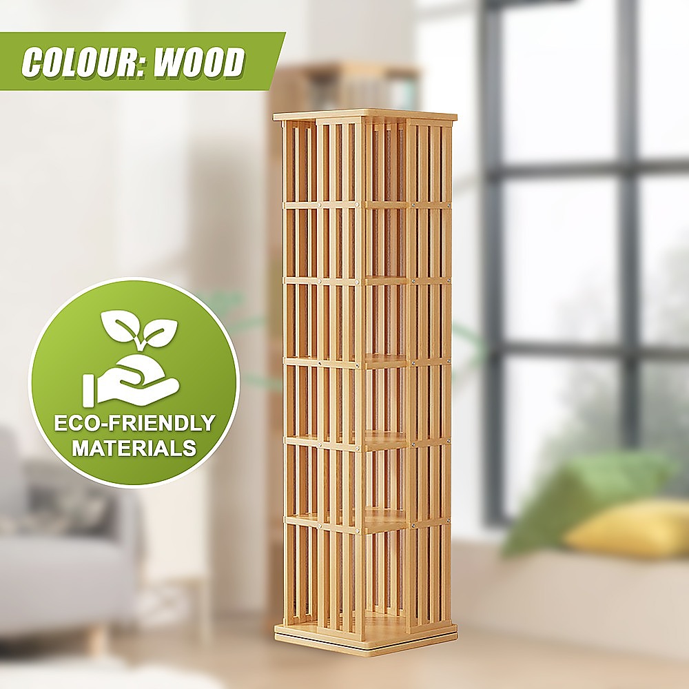 360 Rotating Bookshelf Bamboo Storage Display Rack Shelving in Wood - TRENDZ