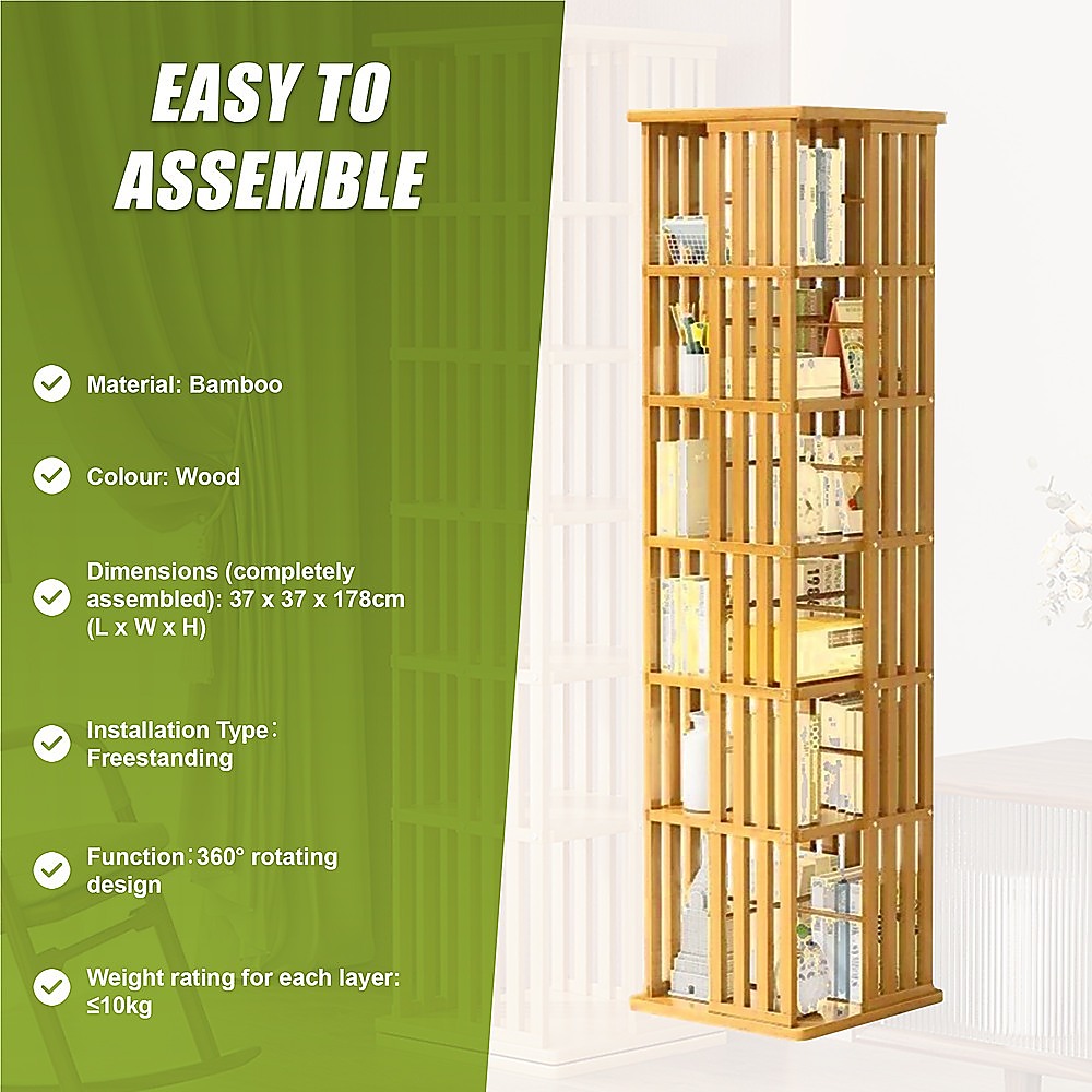 360 Rotating Bookshelf Bamboo Storage Display Rack Shelving in Wood - TRENDZ
