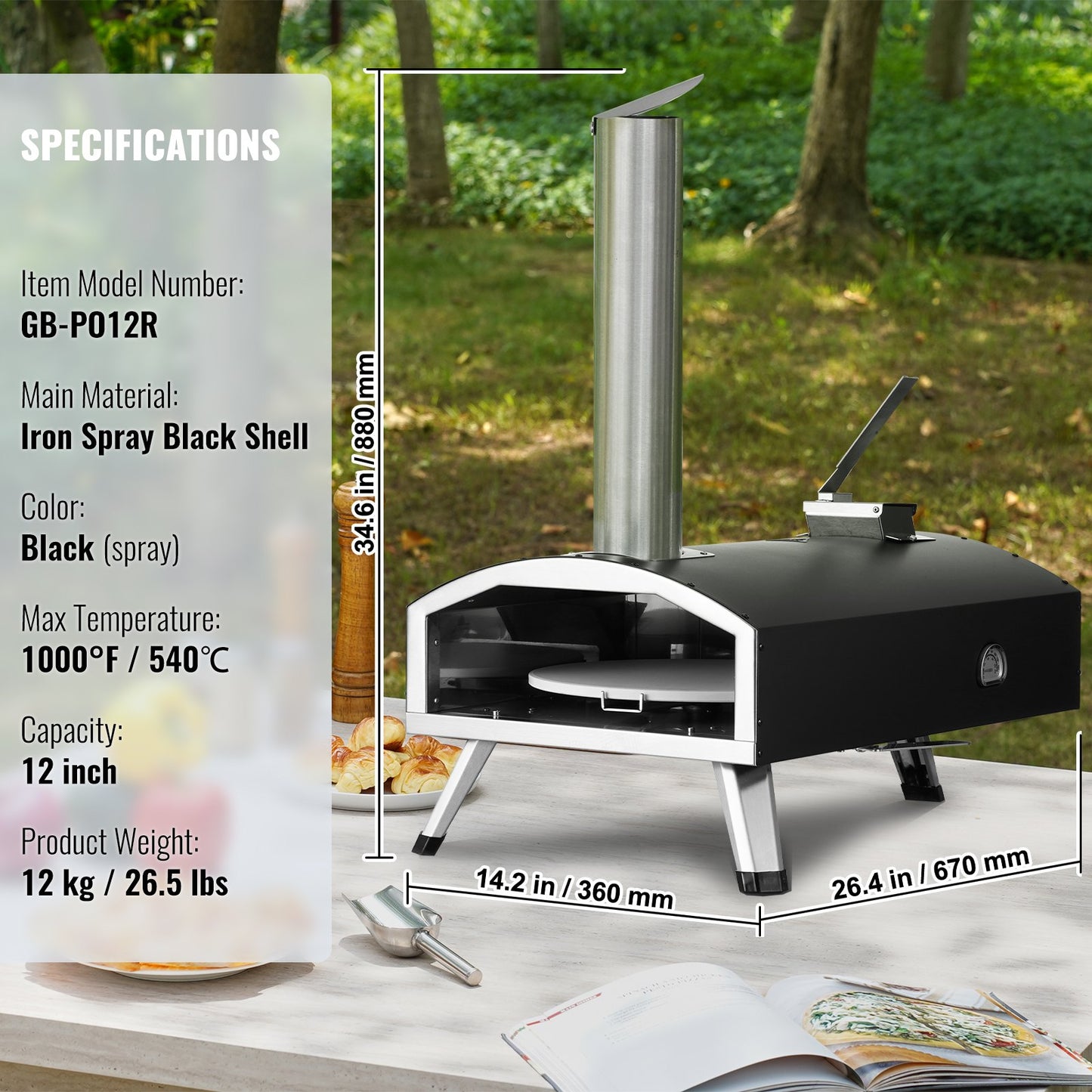 VEVOR Outdoor Pizza Oven, 12" Wood Fired Pizza Ovens, Pellet Pizza Stove with Built-in Thermometer, with Thickened Cordierite, Rotating Pizza Stone, Carry Bag, Shovel, Portable Pizza Maker for Outside Backyard Patio Camping Black