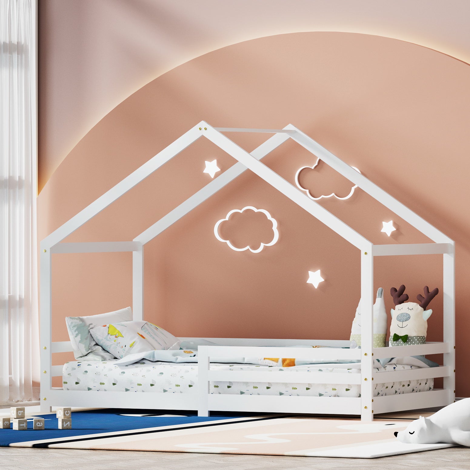 Artiss Bed Frame Wooden Kids Single House Frame White AMOS - TRENDZ