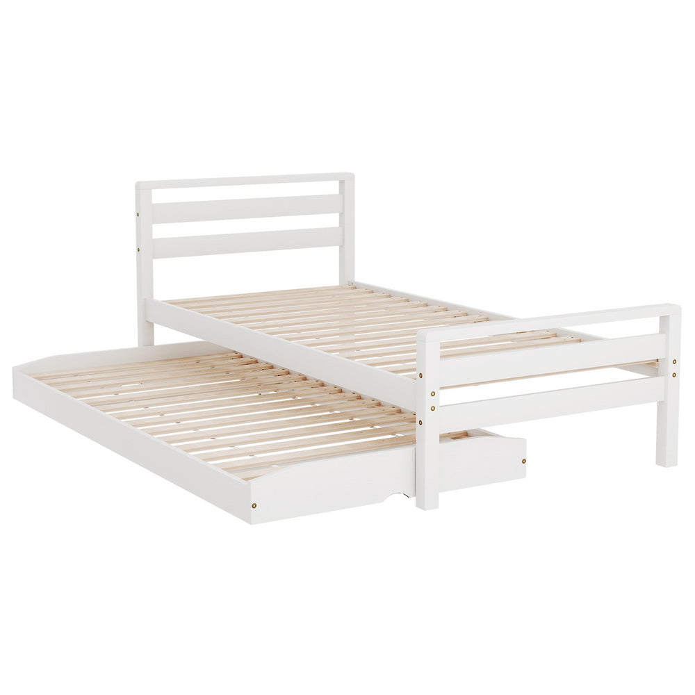 Artiss Bed Frame Single Size 2-in-1 Trundle Wooden White AVIS - TRENDZ