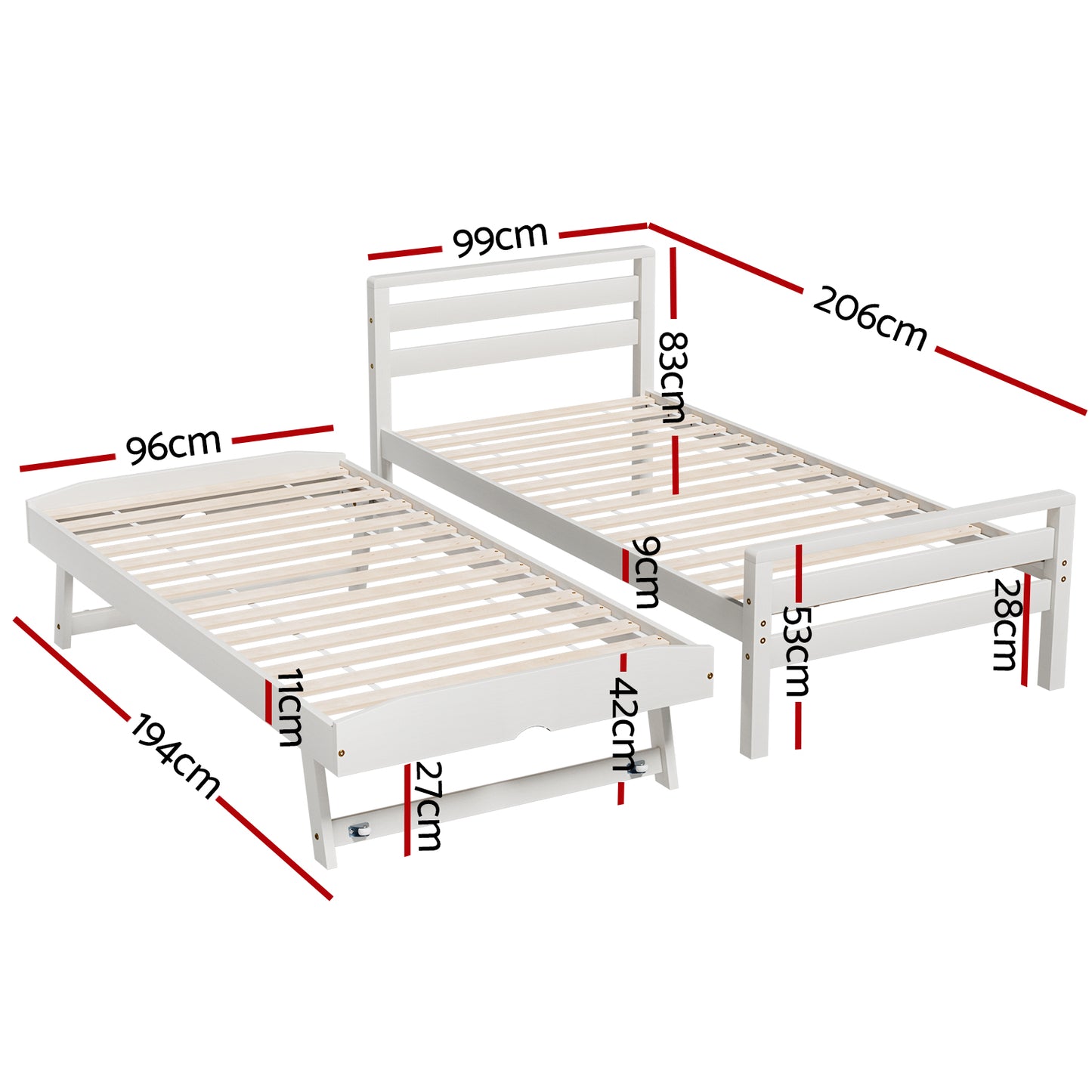 Artiss Bed Frame Single Size 2-in-1 Trundle Wooden White AVIS - TRENDZ