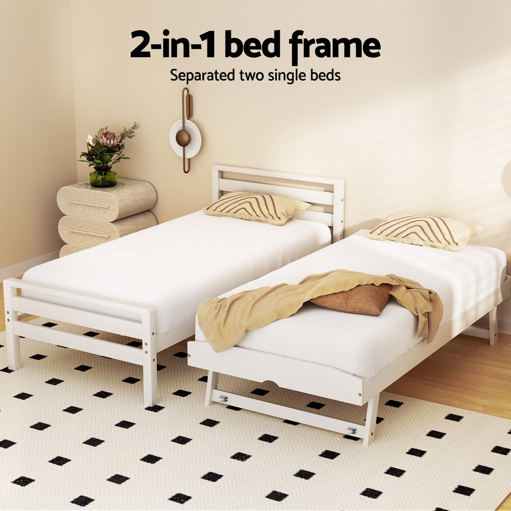 Artiss Bed Frame Single Size 2-in-1 Trundle Wooden White AVIS - TRENDZ