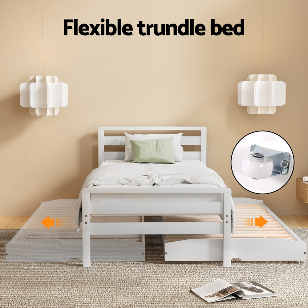 Artiss Bed Frame Single Size 2-in-1 Trundle Wooden White AVIS - TRENDZ